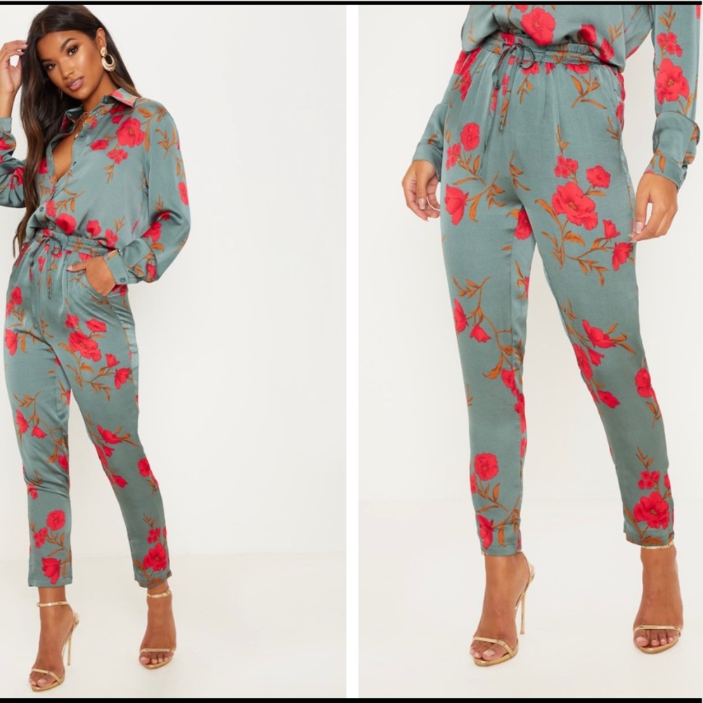 Green Floral Print Cigarette Pants